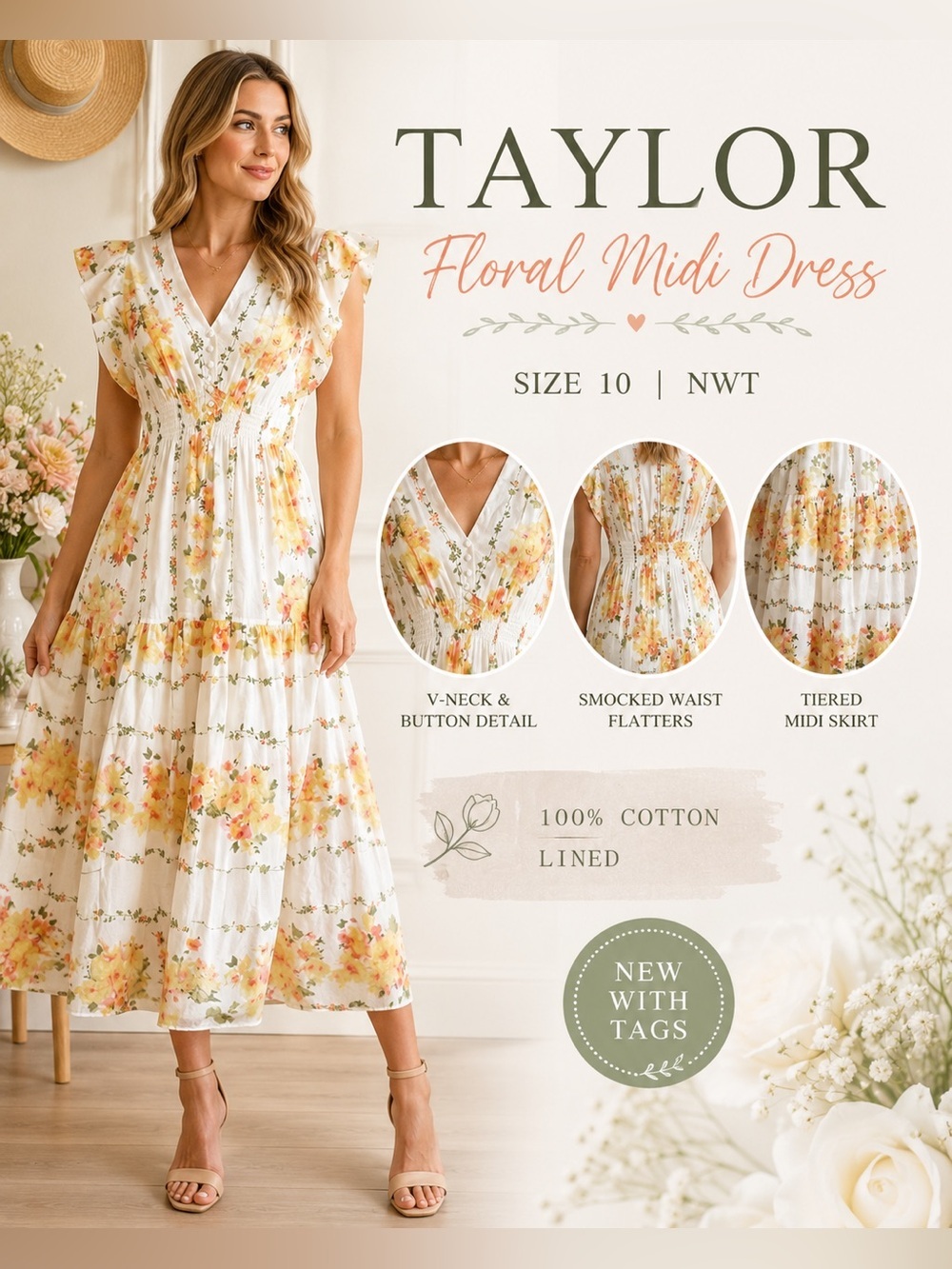 NWT Taylor Floral Cotton Midi Dress Size 10 White Yellow Flutter Cottagecore